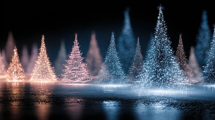 Illuminated christmas trees reflecting in water against a dark background create a festive scene.