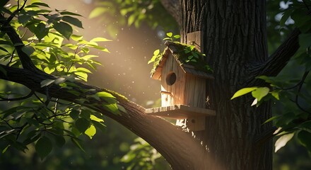 Sunlit birdhouse nestled within an aged oak tree in peaceful woods
