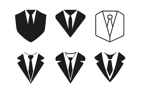 Tuxedo Logo Variations. Wearing suit. Icon set. Set Logo of wearing suit: minimalist tuxedo jacket outline with tie. harmonious logo variations of the same