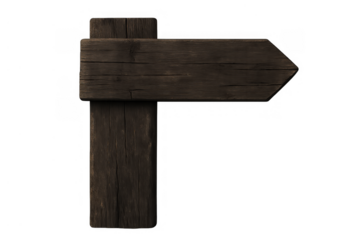 Blank wooden signpost with arrow shape showing direction, rustic wood texture, transparent background