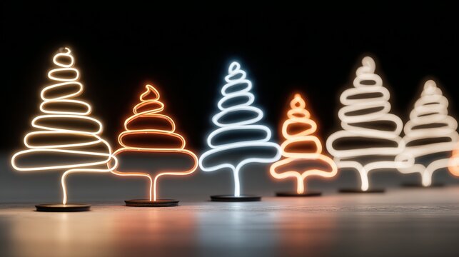 Six stylized christmas trees with glowing neon lights on a dark background.
