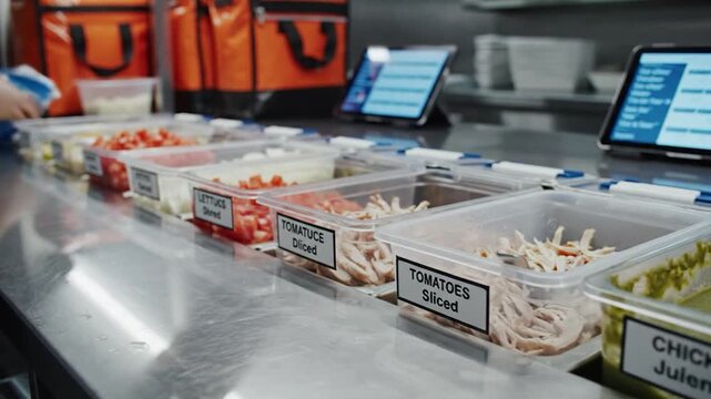 Food preparation station with various fresh ingredients in clear containers and digital order displays - Powered by Adobe