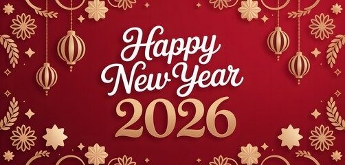 Obraz premium Happy New Year 2026 Celebration Graphic Featuring Snowflake Accent, Festive Greeting Typography, and Elegant Seasonal Design 