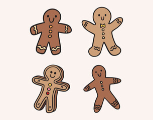 Holiday cookie clipart set with gingerbread shapes, stars, hearts and tree, cozy festive collection, hand drawn.