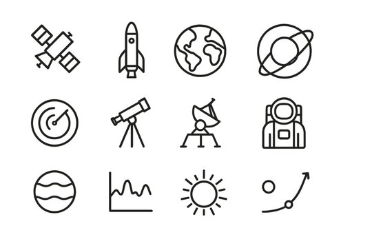 Orbital Science Icons. Orbital Science. Line icon set of Orbital Science: satellite, rocket, Earth, orbit line, radar, telescope, space probe, astronaut,