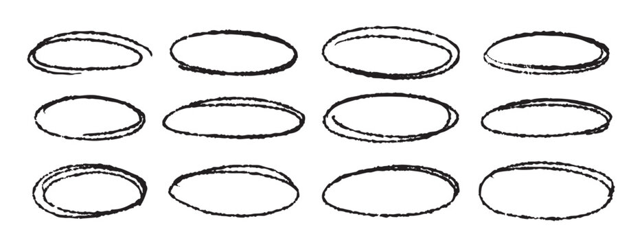 Monochrome ellipses and bubbles to encircle and highlight text. Hand drawn marker ovals set, outline and line art, isolated on monochrome. set, line art, outline, doodle hand.
