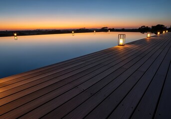 Tranquil infinity pool reflecting vibrant sunset hues and glowing lanterns