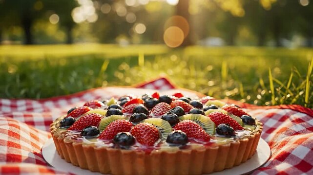 Fresh berry and kiwi fruit tart on red gingham picnic blanket in sunny outdoor park setting