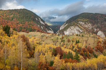 Piatra Craiului National Park autumn landscape. Romanian autumn landscape. Pestera Magura peisaj de toamna.