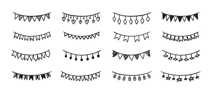 Holiday bunting doodle set. Hand drawn outline birthday garland of flags, hearts, stars, circles. Children doodle drawing