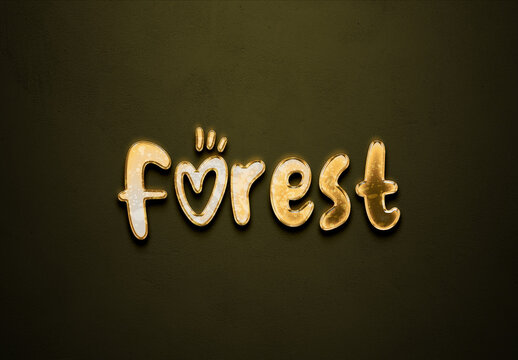Old gold text effect of word Forest with 3D glossy style Mockup.