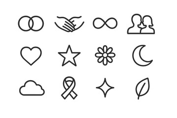 Together Forever Icons. Together Forever. Line icon set of Together Forever: intertwined rings, hands touching, infinity symbol, couple silhouettes, heart,