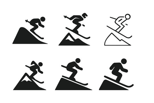 Skiing Logo Variations. Skiing on mountain slopes. Icon set. Set Logo of skiing on mountain slopes: skier descending a steep snowy hill. harmonious logo