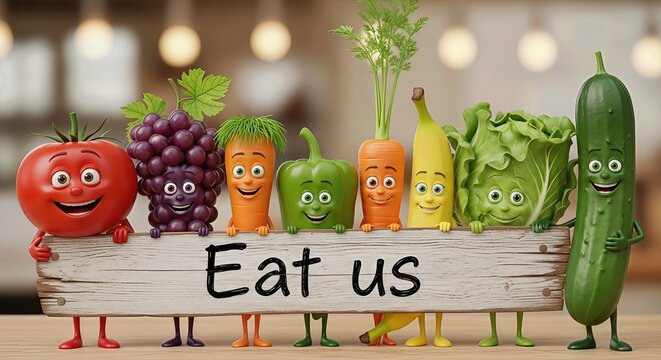 Cheerful animated produce characters present a message on a sturdy wooden sign: 'Eat us.' Advocating healthy, proper nutrition and promoting fresh, wholesome balanced meals.