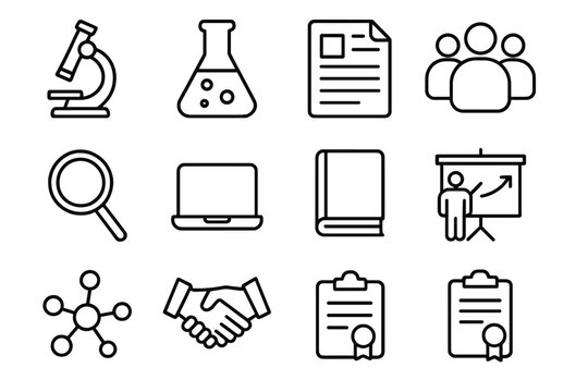 Collaborative Research Icons. Collaborative research. Line icon set of Collaborative research: microscope, laboratory flask, research paper, group of people,