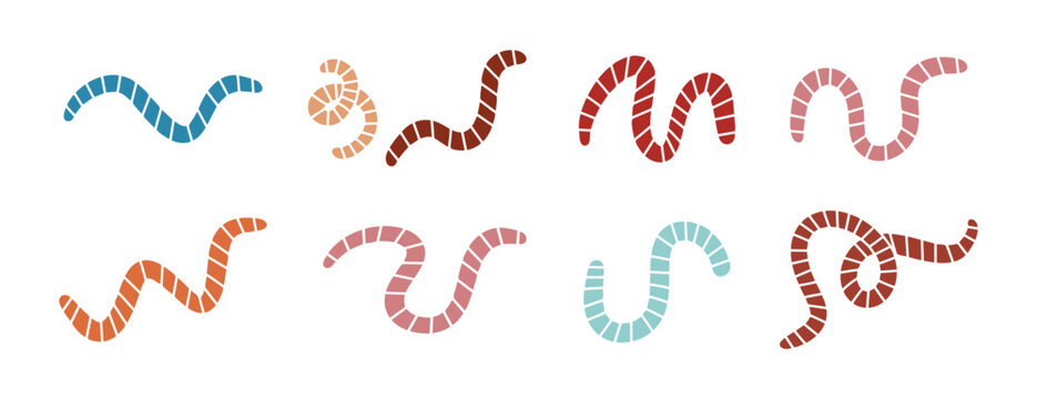 cartoon cute worm or earthworm set icons. Colorful worms with stripes collection 