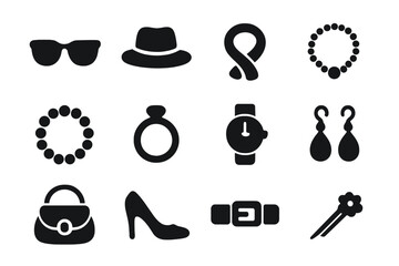 Personal Style Icons. Personal Style. Solid icon set of Personal Style: sunglasses, hat, scarf, necklace, bracelet, ring, watch, earrings, bag, shoes, belt,