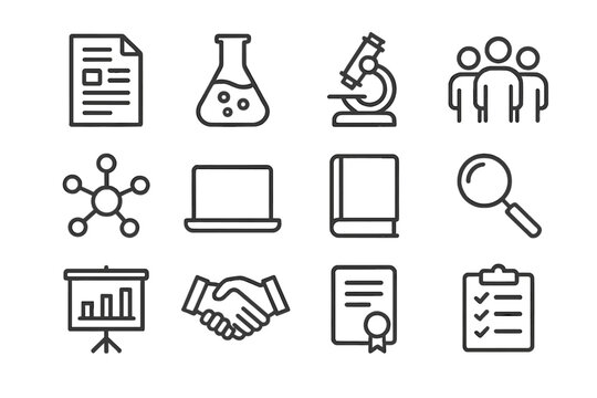 Joint Research Icons. Joint research projects. Line icon set of Joint research projects: research paper, laboratory flask, microscope, group of people, network