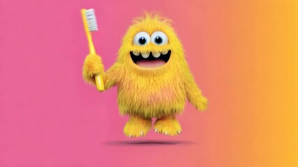 Funny fluffy monster with a toothbrush in different poses, representing dental hygiene and oral care education for children