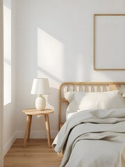 Minimalist bedroom interior with a comfortable bed, round wooden bedside table, and a white lamp, bathed in natural sunlight, featuring a blank picture frame on a white wall