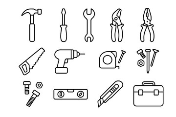 Obraz premium Home Repair Icons. Home repair tools. Line icon set of Home repair tools: hammer, screwdriver, wrench, pliers, saw, drill, tape measure, nails, bolts, level,