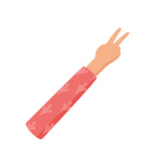Flat cartoon hand gesture with two fingers up. Human hand showing number two with a clothed arm in professional graphic style. Perfect for math, counting, or educational visuals.