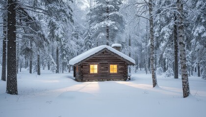 Charming christmas cabin in snowy forest winter wonderland cozy scene