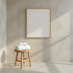 Blank vertical frame mockup in a modern minimalist bathroom, featuring a light beige wall, a wooden stool with neatly folded white towels, and soft natural light creating subtle shadows