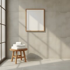 Blank vertical frame mockup in a modern minimalist bathroom interior, featuring a light beige tiled wall, a wooden stool with neatly folded white towels, and soft natural light from a window