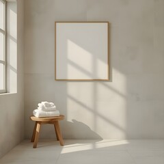 Minimalist bathroom interior with clean white towels on a wooden stool, a blank square picture frame on a light wall, and sunlight casting shadows, creating a serene, modern atmosphere