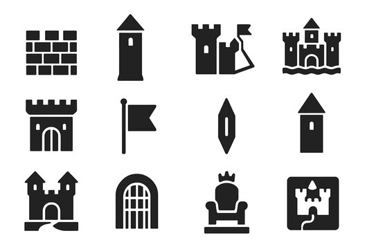 Medieval Castle Icons. Medieval castles. Solid icon set of Medieval castles: stone wall, tower turret, drawbridge, moat, gatehouse, flag, arrow slit, guard