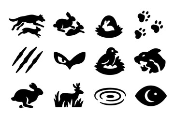 Naklejka premium Predator and Prey Icons. Predator and Prey. Solid icon set of Predator and Prey: chase, pounce, hiding prey, footprint trail, claw mark, eye glare, nest