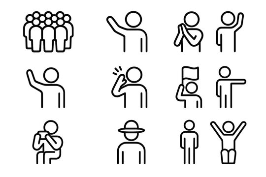 Large Gathering Icons. Large gathering. Line icon set of Large gathering: group of people, person waving, person clapping, person raising hand,