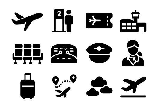 Fototapeta Commercial Aviation Icons. Commercial aviation. Solid icon set of Commercial aviation: passenger jet, boarding gate, flight ticket, airport terminal, seat row,