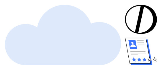 Blue cloud shape with document featuring profile, star ratings, and privacy lock visual. Ideal for software, cloud storage, review, data management, privacy, technology simple flat metaphor