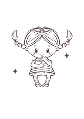 Cute girl character in line art style – kawaii child illustration. Minimal, hand-drawn, monochrome artwork suitable for kids’ designs, nursery decor, coloring pages, stickers, and print projects. 