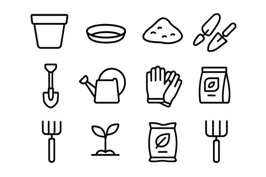 Potting Essentials Icons. Potting essentials. Line icon set of Potting essentials: plant pot, saucer, soil, trowel, shovel, watering can, gardening gloves,