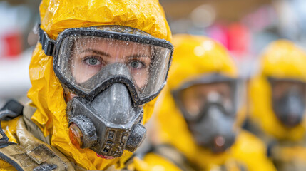 Person wearing yellow hazmat suit with full-face respirator mask and goggles standing in line during emergency response training exercise indoors