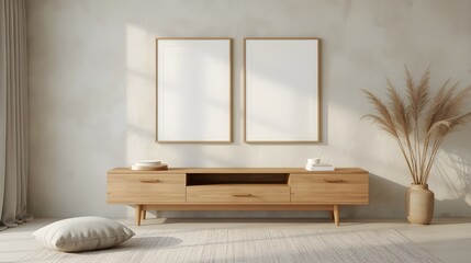 Minimalist living room interior with a large horizontal blank picture frame mockup on a light wall above a wooden console table, flanked by decorative dried plants in vases, bathed in soft sunlight