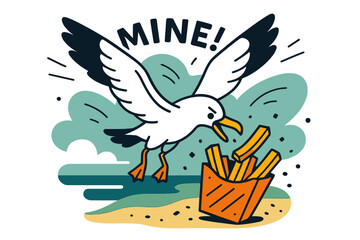 Fototapeta premium Seagull Snack Thief. Seagulls ? Beach snack thief. A gull swoops near fries; wind lines and crumbs scatter like confetti. Text ?MINE!? curves playfully above.