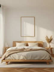 Minimalist bedroom interior with a comfortable wooden bed, white bedding, and a brown throw blanket, featuring a blank picture frame on a white wall and natural sunlight