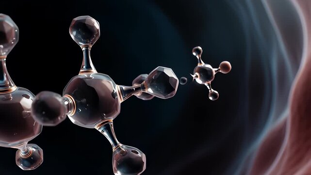 A 3D animation of an ATP molecule generating a spark, breaking down to release cellular energy during a chemical reaction.