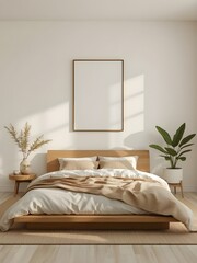Minimalist bedroom interior with a comfortable wooden bed, white bedding, and a brown throw blanket, featuring a blank picture frame on a white wall and natural sunlight