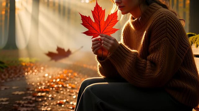 Autumn solitude: A pensive young woman sits on a bench in a sunlit forest park, contemplating a falling red maple leaf.