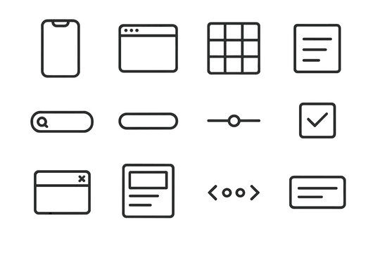UI Wireframe Icons. UI wireframe sketch. Line icon set of UI wireframe sketch: phone frame, browser window, grid system, hamburger menu, search field, primary