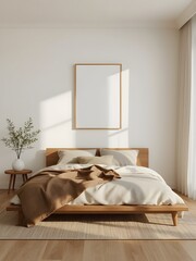 Minimalist bedroom interior with a comfortable wooden bed, white bedding, and a brown throw blanket, featuring a blank picture frame on a white wall and natural sunlight