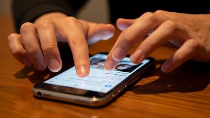 Hands on Phone Scrolling Through Social Media Content.