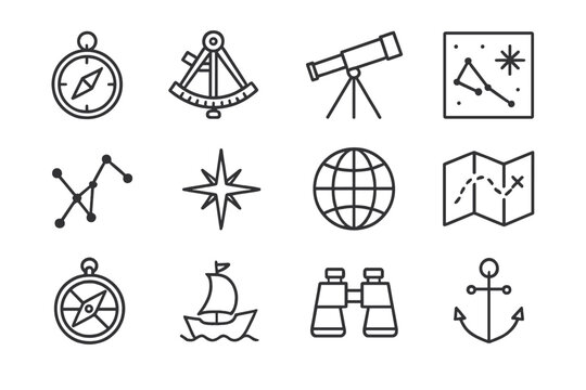 Stellar Navigation Icons. Stellar navigation. Line icon set of stellar navigation: compass, sextant, telescope, star chart, constellation, North Star, globe,