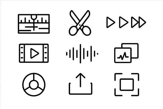 Video Editing Icons. Video Editing. Line icon set of Video Editing: timeline, playhead, scissors cut, playback controls, clip segment, sound wave, transition