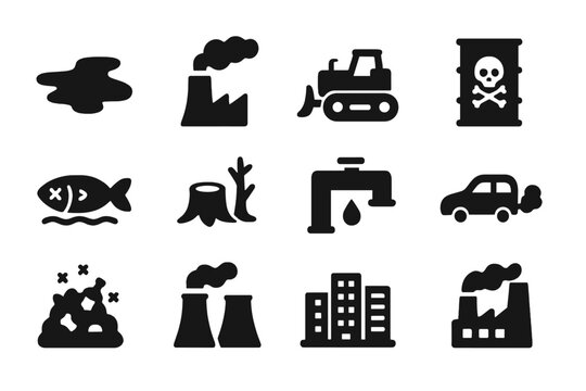 Environmental Damage Icons. Environmental Damage. Solid icon set of Environmental Damage: oil spill, smoke stack, bulldozer, chemical barrel, dead fish,